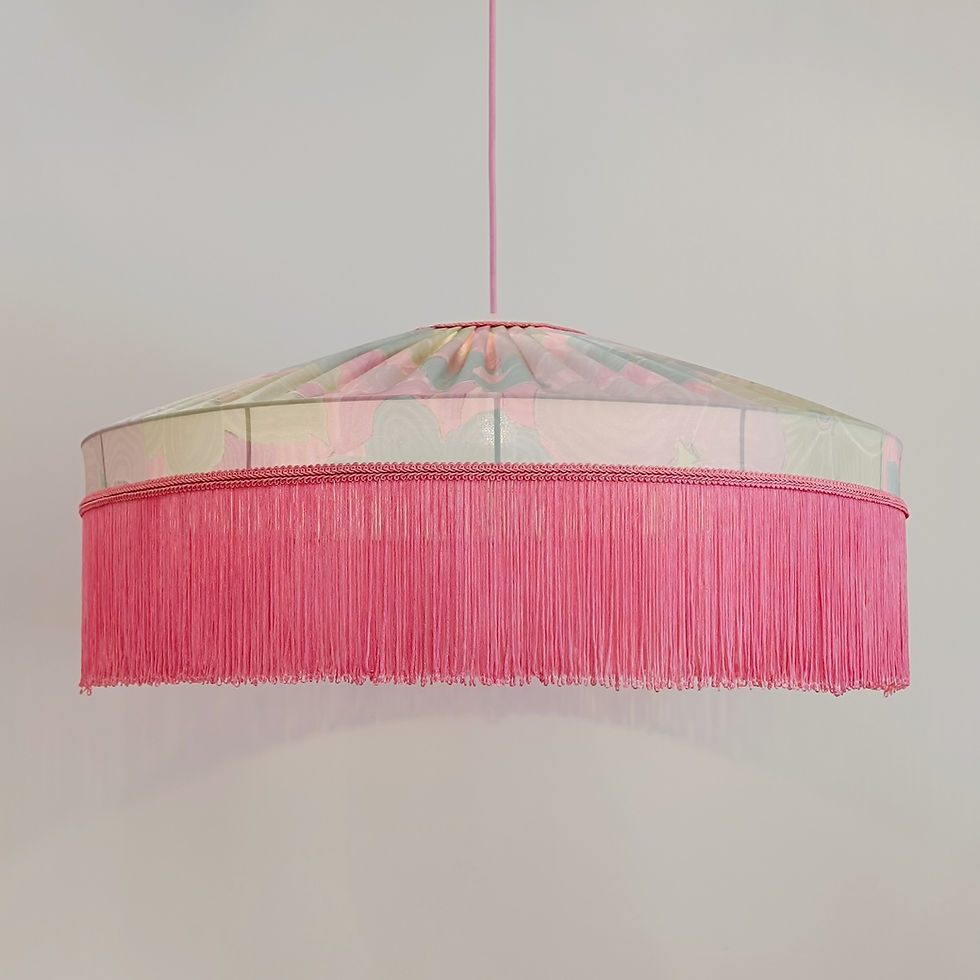 Μικρογραφία: Pink fringed pendant lampshade with floral silk fabric