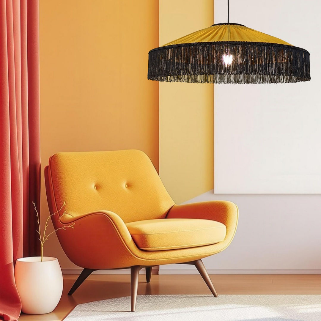 Black fringed pendant lamp in yellow room