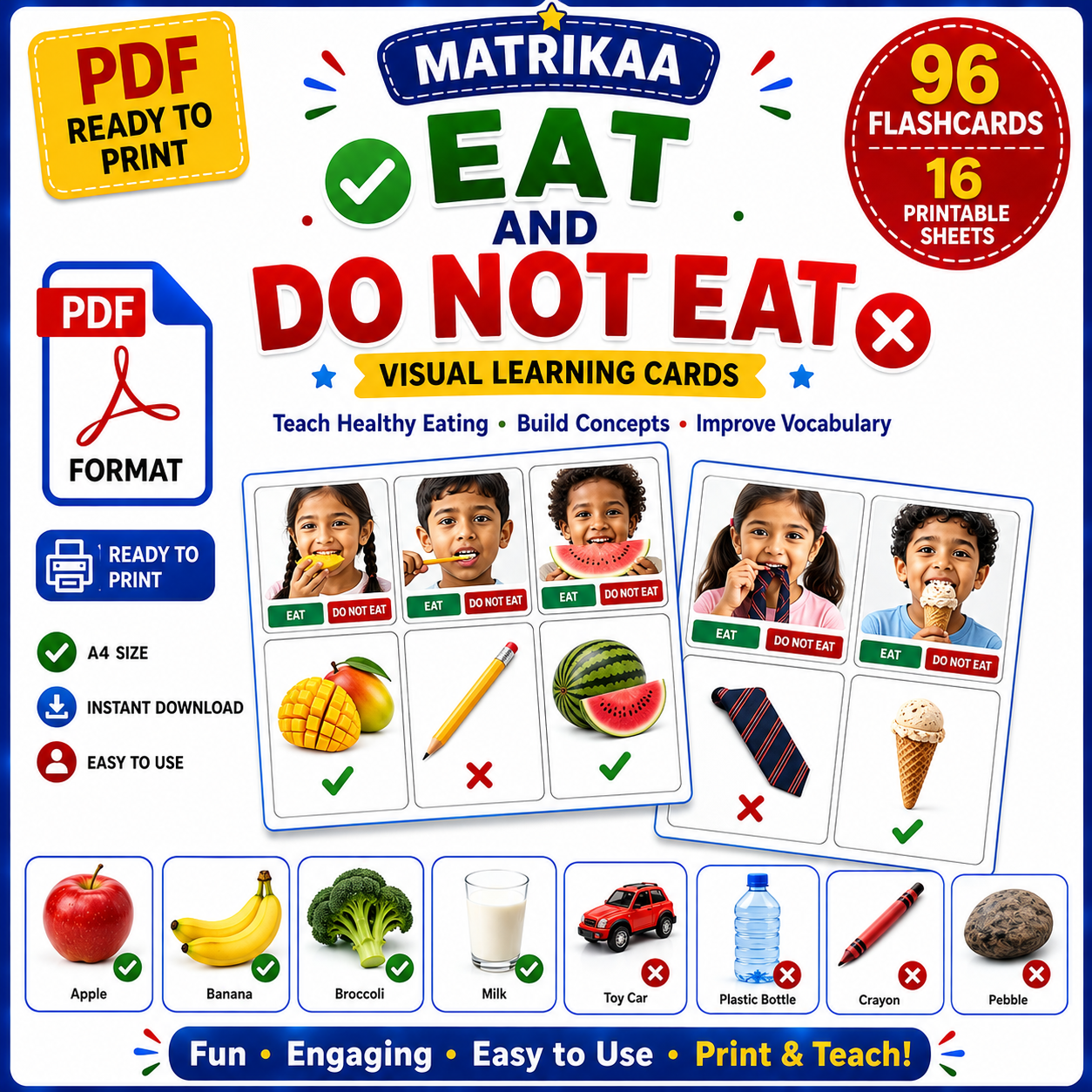 EAT & DO NOT EAT —96 Flashcard I 16 sheets of Visual Safety Cards