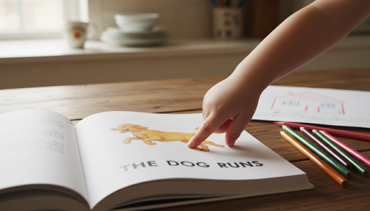 Close-up of a child pointing to words in an open book at a kitchen table