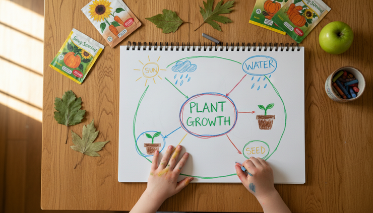 Overhead view of a child drawing a colorful mind map about plants