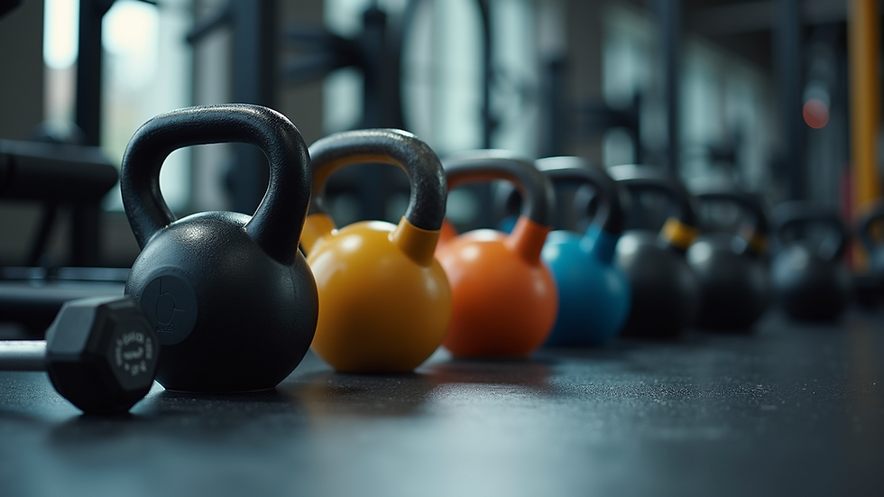 Close-up view of dumbbells and kettlebells arranged on a gym floor