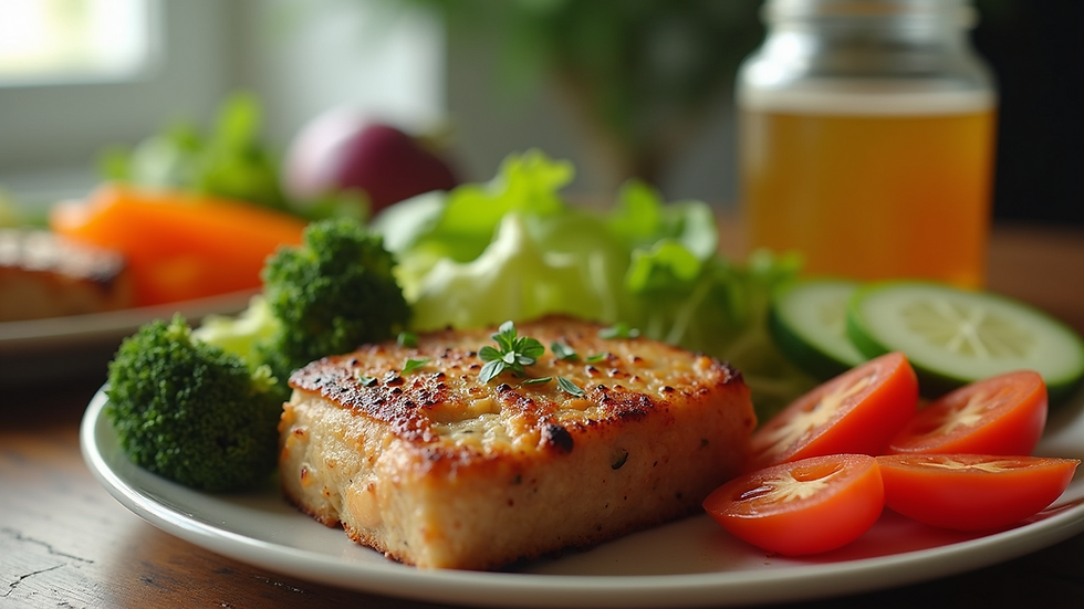 Close-up view of a balanced meal with vegetables and protein