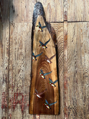 #17 Wood Ducks In Flight on Walnut