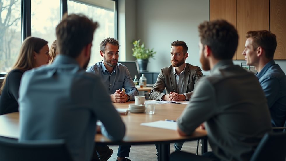 Vue en plongée d’un groupe d’hommes en cercle lors d’un atelier de discussion