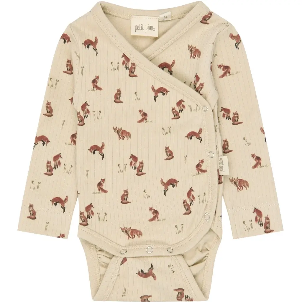 Petit Piao Fox Print Pointelle Long Sleeve Body