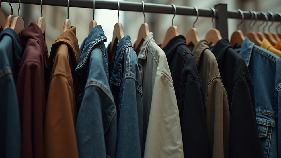 Eye-level view of a clothing rack with casual and streetwear jackets