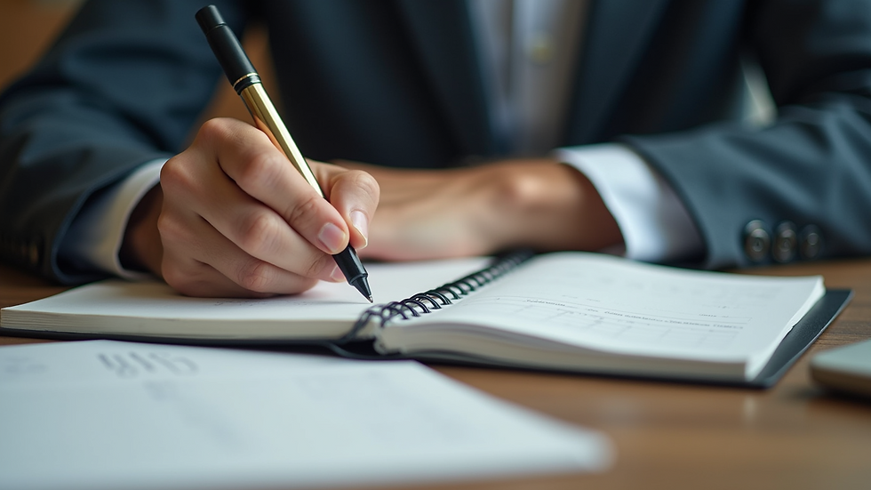 Close-up view of a person writing in a notebook
