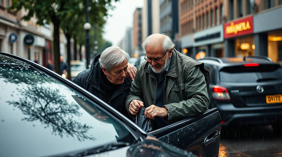 Two older men closely examining a car scratch on a city street, reflecting Foxhills Body Shop’s approachable help for older drivers managing minor vehicle damage.