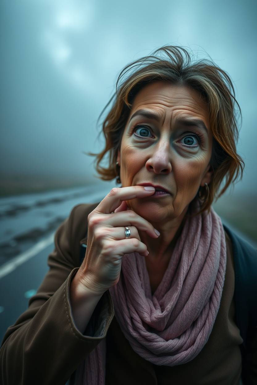 Dynamic motion image A middle-aged British woman with a quizzical expression, hand to mout