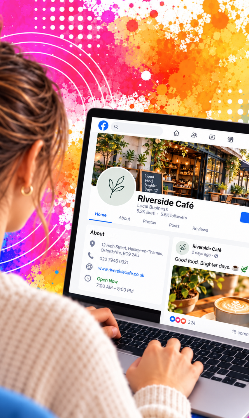 Small business owner using social media on a smartphone, representing a business that currently relies on Facebook and needs a more credible online presence.