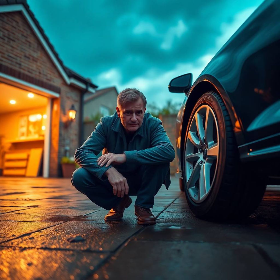 Man crouching beside car wheel at home, checking for vibrations or pulling issues.