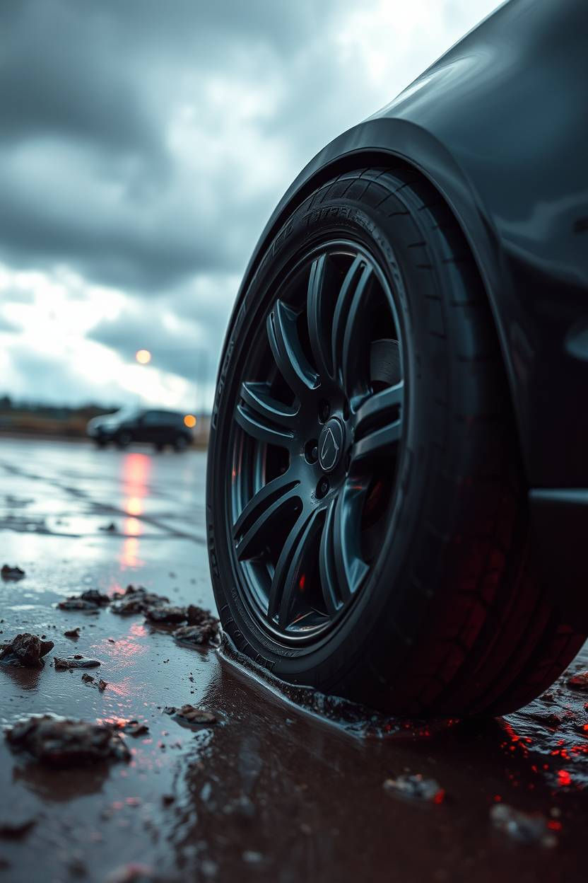 Tyre being checked for low pressure, reinforcing the need for monthly pressure checks.