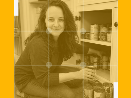 Cindy from Mrs Prime organising tins on the bottom shelf of a kitchen cupboard, representing Amazon backend keywords as hidden listing content that sellers often forget to check.