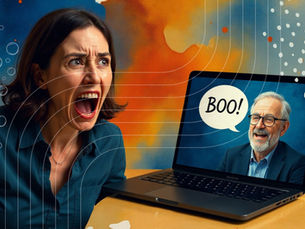 A thirty-something woman screams in wide-eyed horror at her laptop as a silver-haired, cheerfully smiling male AI avatar says BOO! - a first shock encounter with next generation AI avatar technology