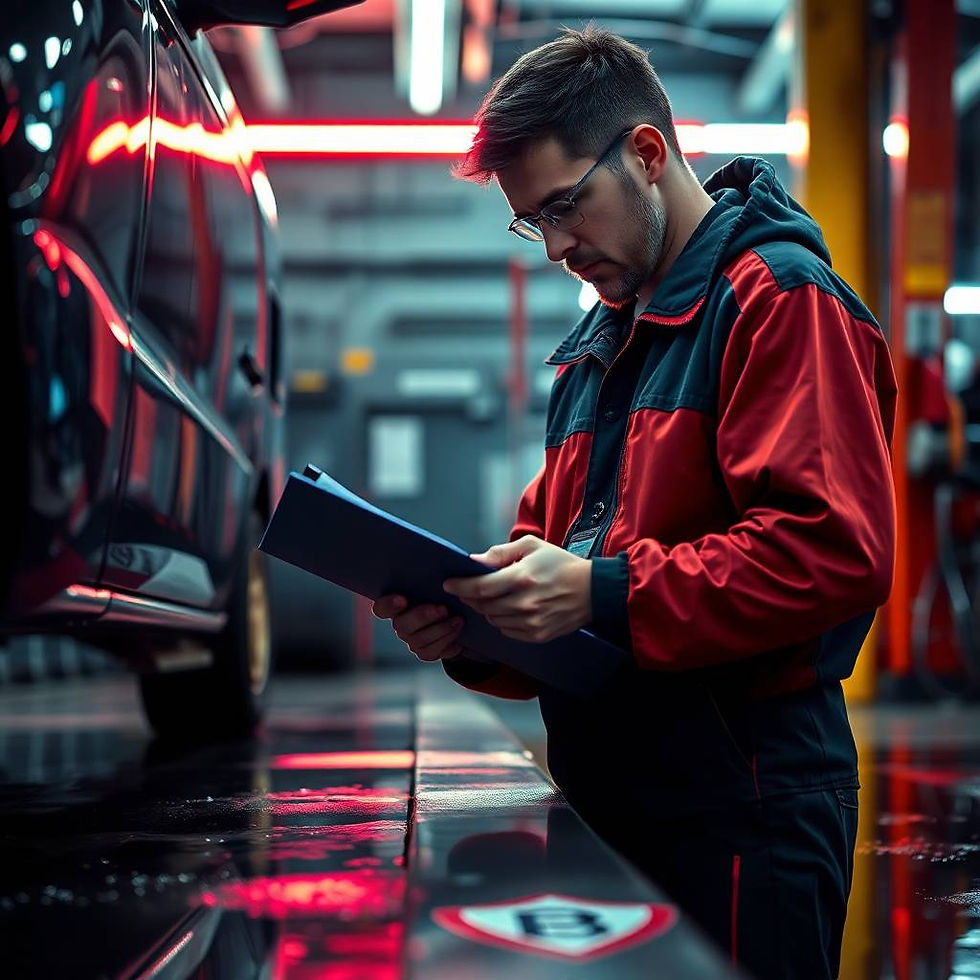 PT Tyres technician inspecting paperwork beside a raised vehicle, reflecting commitment to clear policies and service.