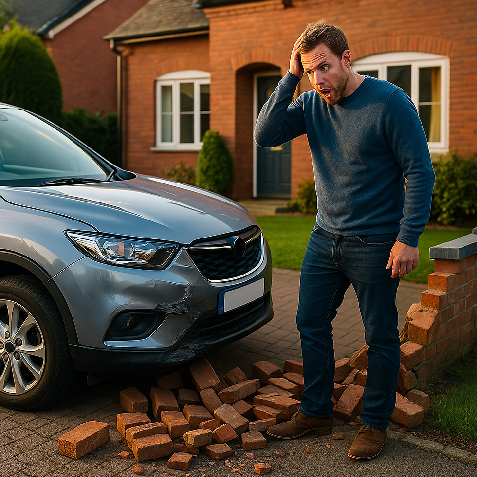 Concerned man examining car damage from hitting a brick wall, reinforcing Foxhills' specialty in scuff, dent, and bumper damage repairs.