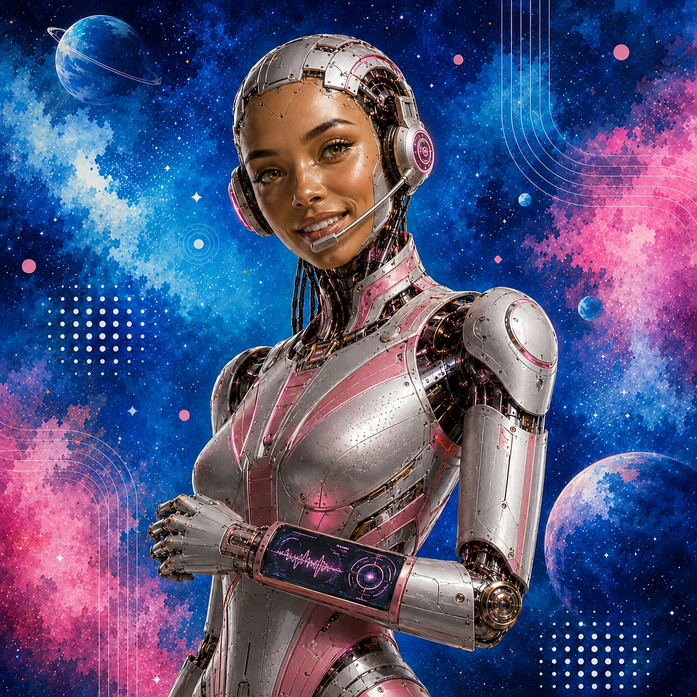 Natta, a smiling headset-wearing android, tracks signals for The AI Adventure and UK ChatGPT advertising updates.