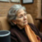 Elderly woman listening attentively to a smart speaker, symbolizing Foxhills Body Shop’s commitment to accessible, plain-English info for all customers — including voice assistant users.