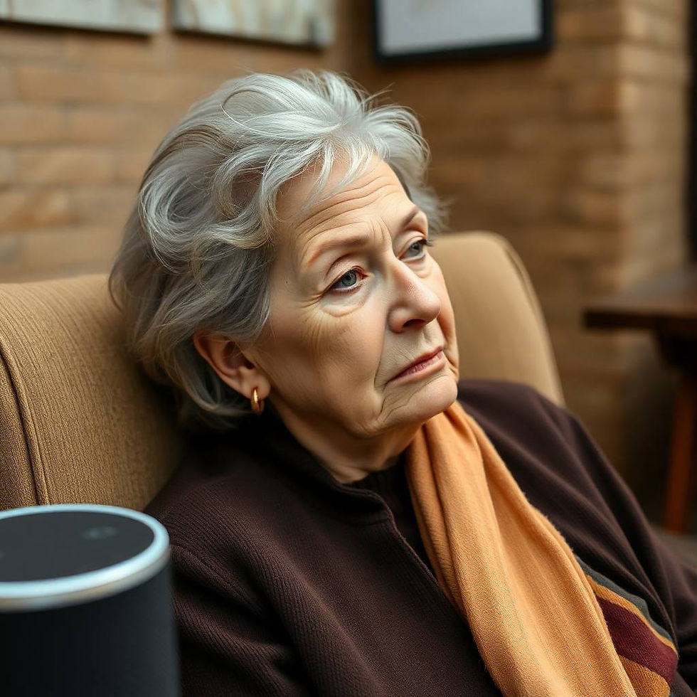 Older woman listening to a voice assistant device, illustrating how Foxhills Body Shop’s TL;DR summaries and SMART repair info help everyday drivers access key details quickly and clearly.