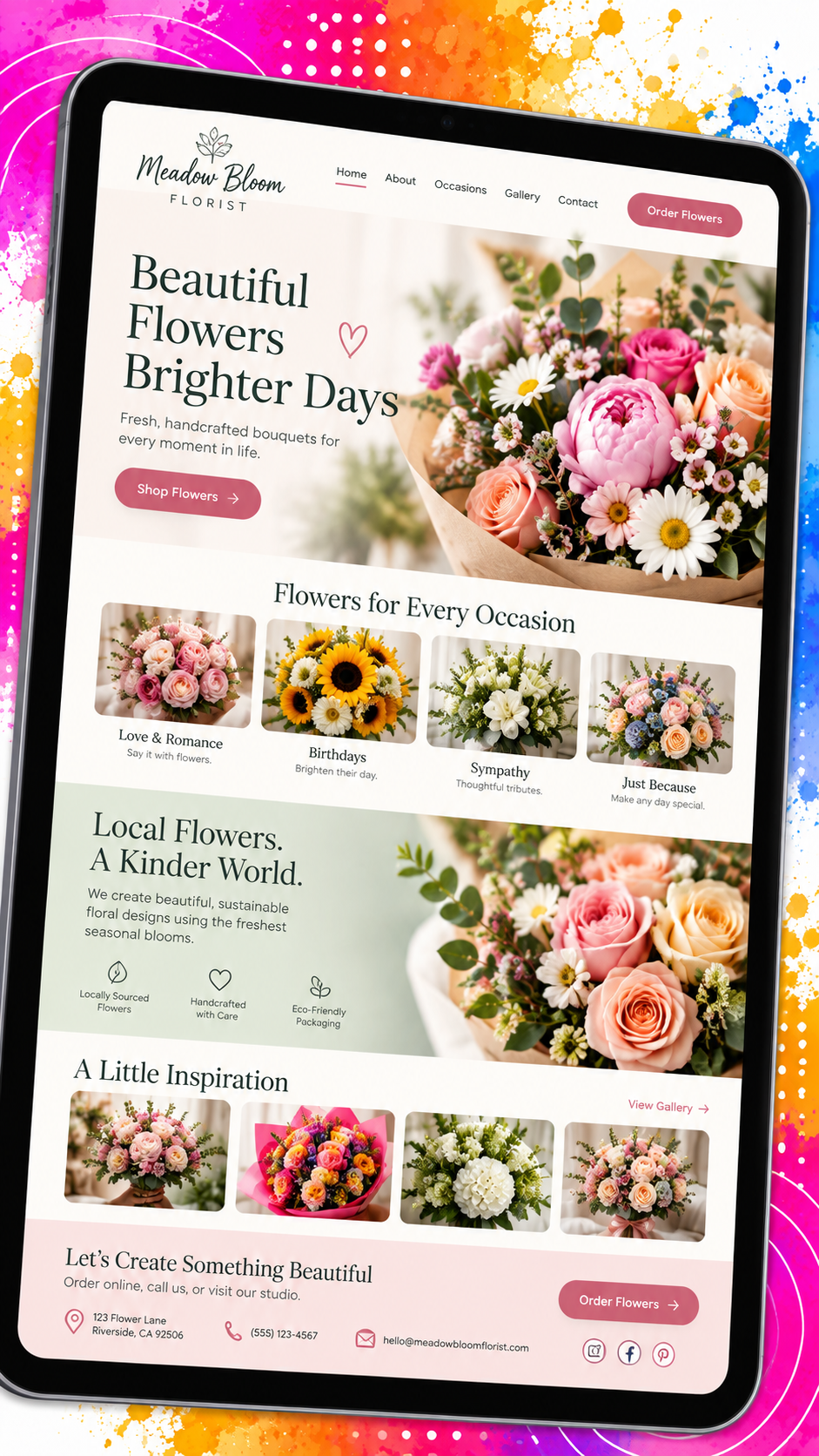 Florist website example with flowers, occasions and contact information, illustrating a polished small business website design.