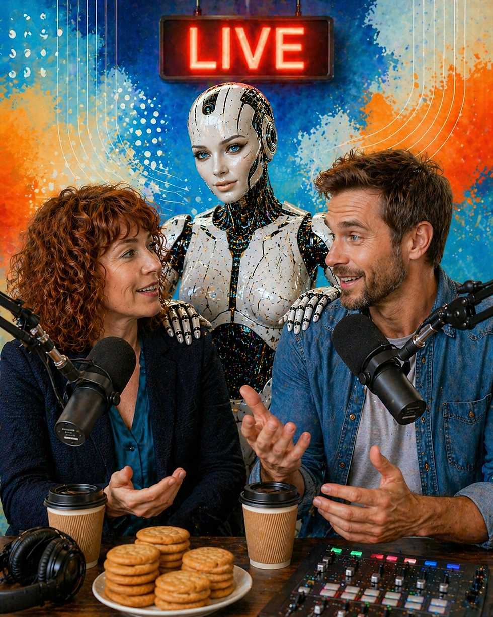 Three figures sit at a podcast studio desk beneath a glowing red neon LIVE sign. On the left, a woman with curly auburn hair leans toward her microphone. On the right, a smiling man in a denim shirt gestures animatedly. Between them, an AI figure with white porcelain plating observes calmly. Biscuits, coffee cups and a mixing desk complete the scene. Countdown. Deep breath. Nobody panic. Kev was already fine. Kev is always fine.