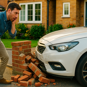 Driver reacts in shock after low-speed car bump causes minor damage to bumper and brick wall — a common scenario where SMART repairs may be more cost-effective than an insurance claim.