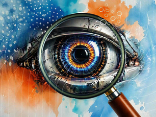 A mechanical eye under a magnifying glass on a watercolour background, illustrating how AI reads and selects website content for position zero.
