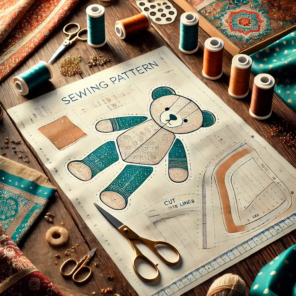 Flat-lay of a teddy bear sewing pattern with spools of thread and fabric, reflecting Family Comforts’ DIY kits and beginner-friendly crafting tools.