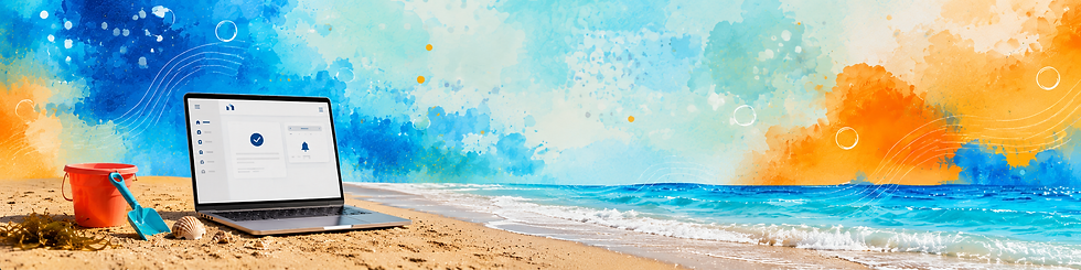 Laptop working beside a bucket and spade on a colourful shoreline, reinforcing that a small business website should stay active while its owner takes a summer break.