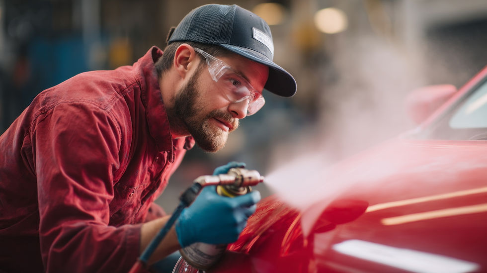 Technician in safety gear spray painting a red car, demonstrating Foxhills’ precision in phased car bodywork and restoration services.