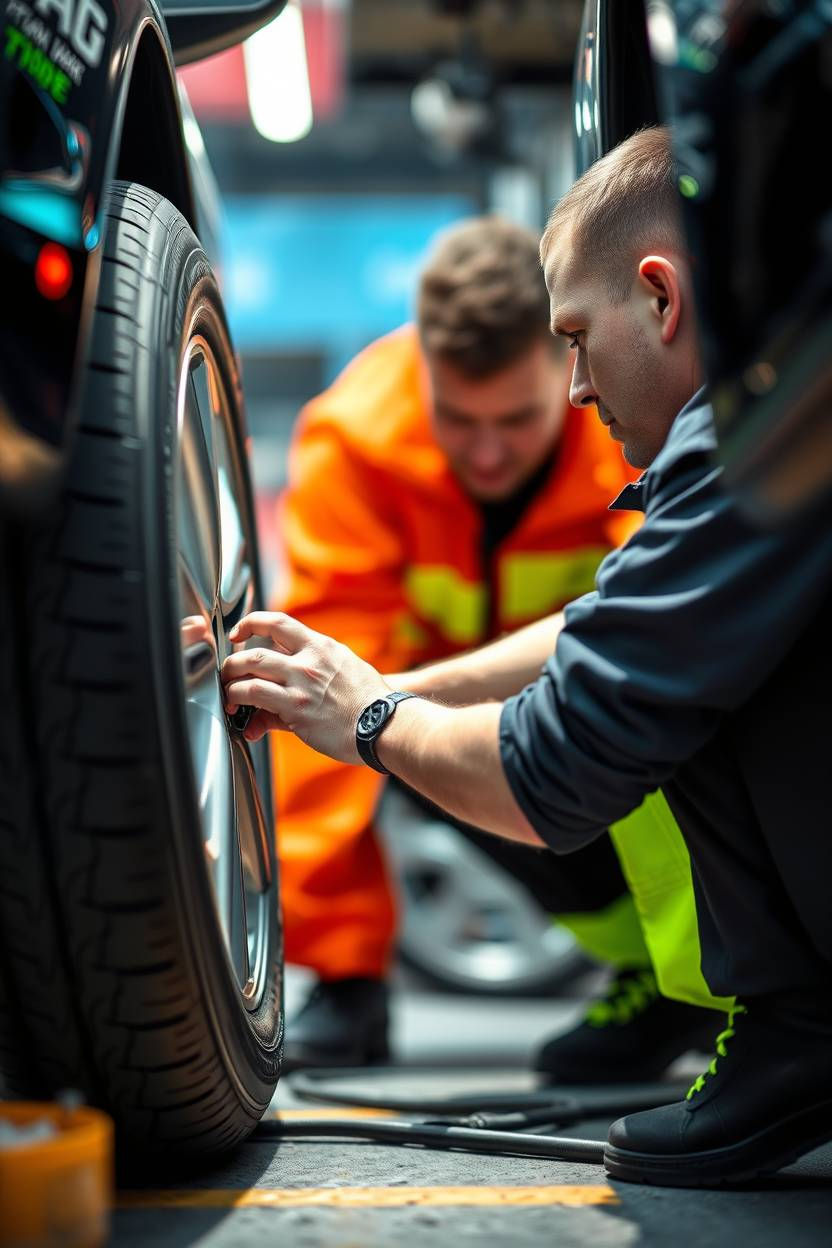 Technician checking car wheel indoors, showing PT Tyres’ fast depot tyre services.