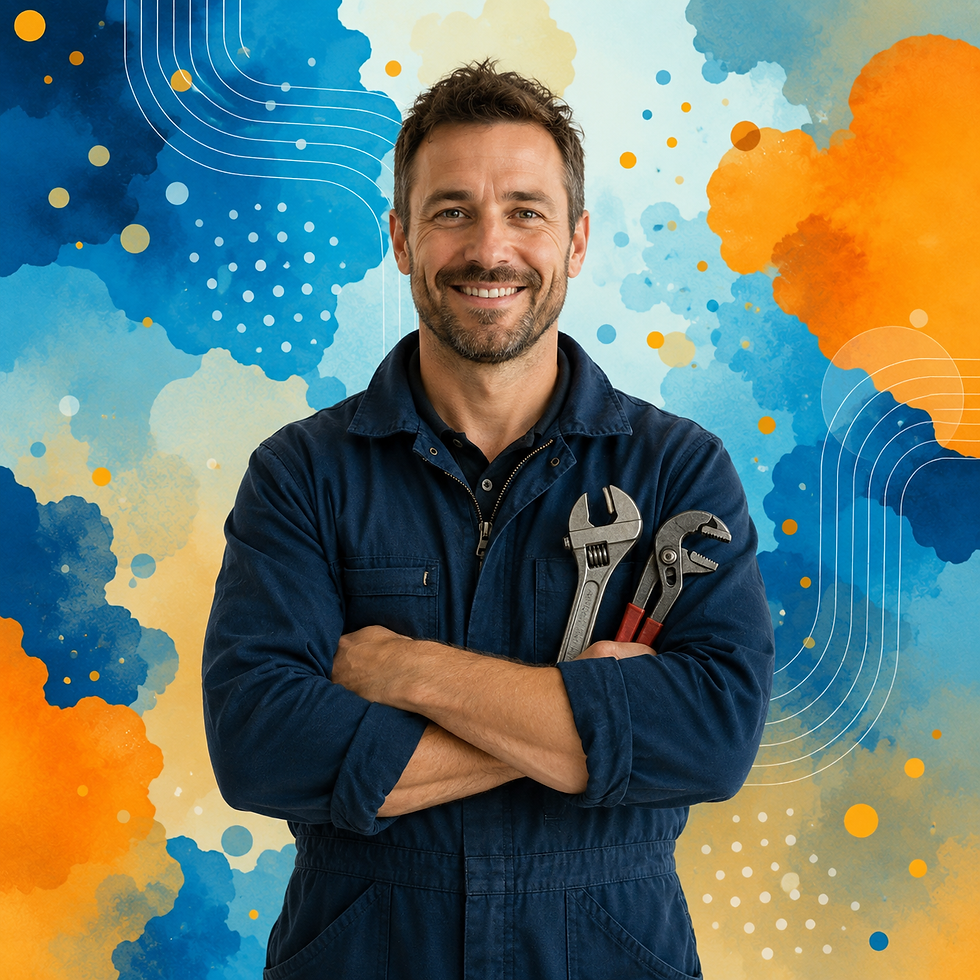 Smiling heating engineer standing with tools against an abstract blue and orange background, representing a service business using Prime Day-style campaign ideas.