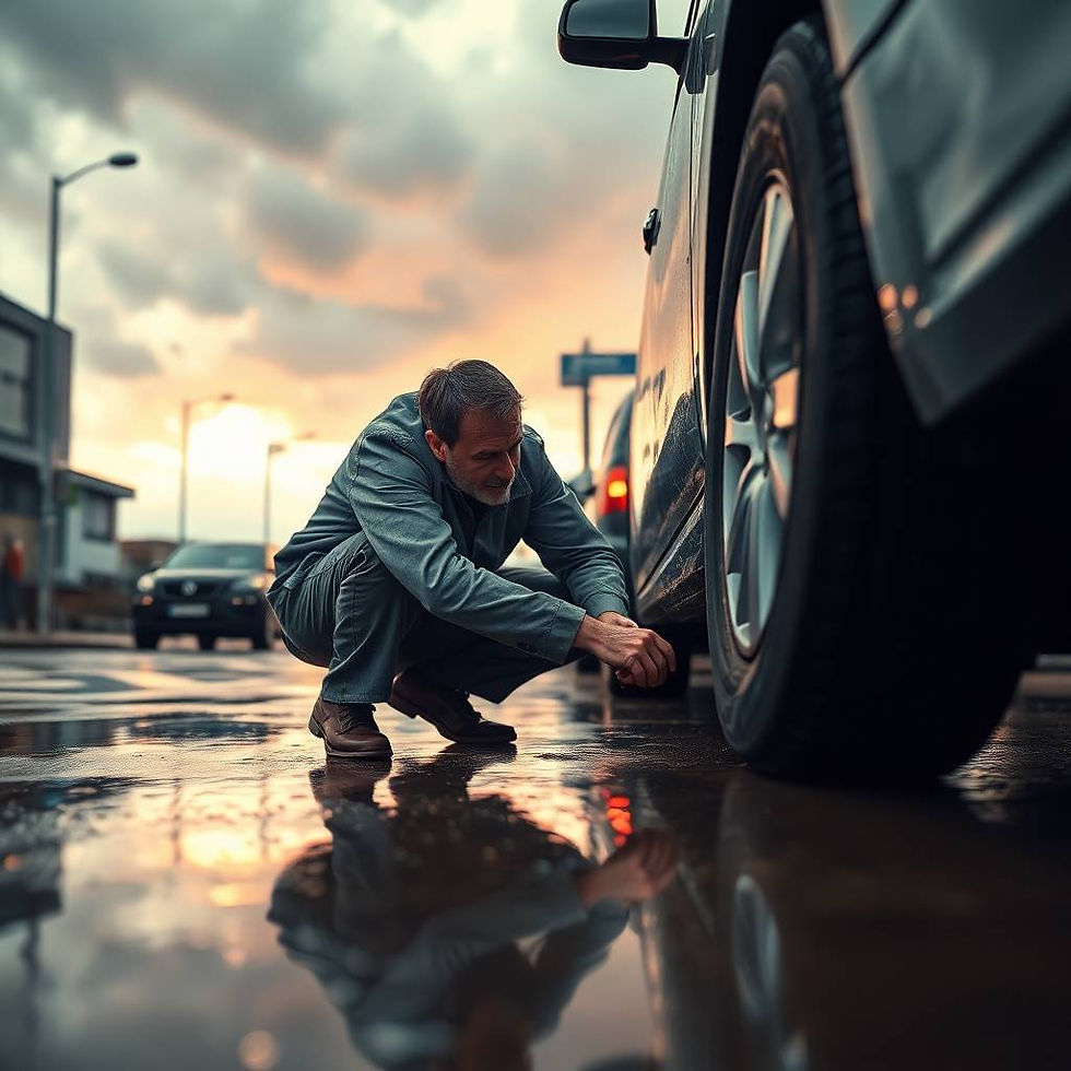 Man crouching to check car tyre outdoors, reinforcing PT Tyres’ advice on regular tyre checks for safer, longer-lasting driving.