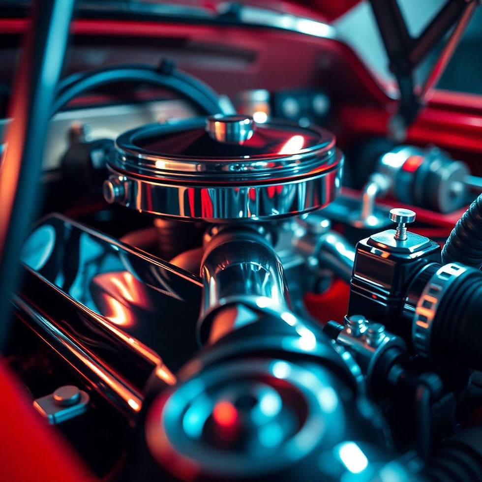 High-shine, coated engine components with red and blue reflections, illustrating Rhino Elite Coatings’ precision powder coating and Cerakote finishes for automotive detailing and performance.