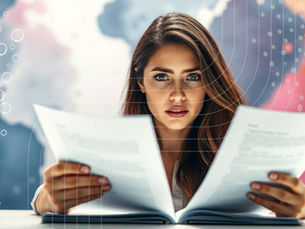 A woman comparing two website proposals against a soft abstract background - reflecting the research and scrutiny that goes into choosing the right small business website package.