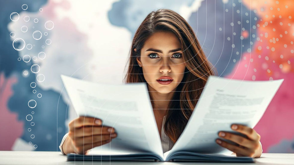 A woman comparing two website proposals against a soft abstract background - reflecting the research and scrutiny that goes into choosing the right small business website package.