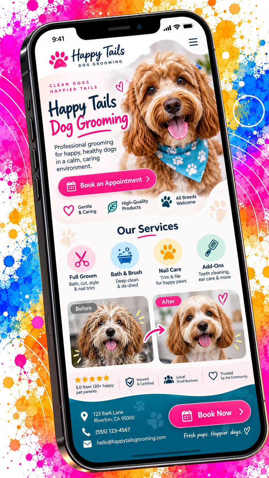 Mobile dog grooming website example showing services, booking prompts and trust signals, illustrating a clear small business website layout.