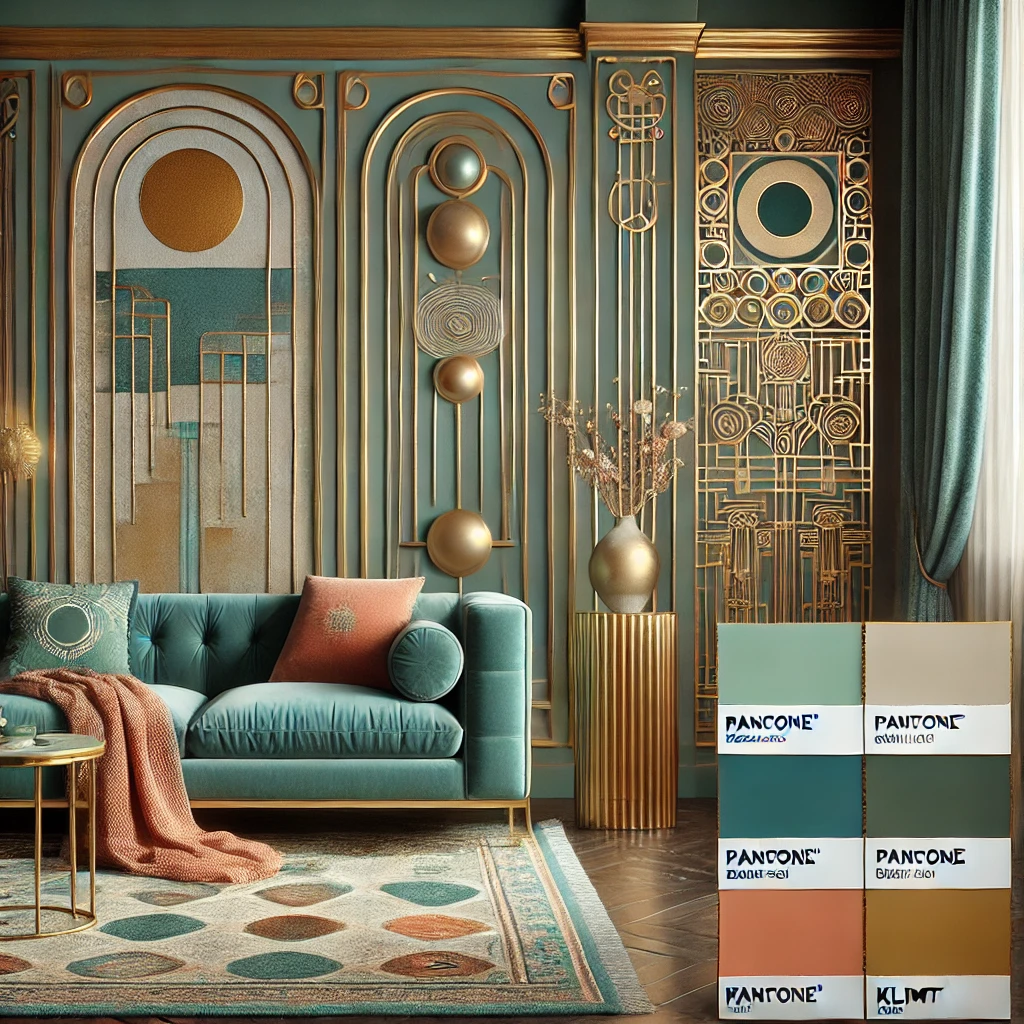Luxurious room with teal and gold Art Deco decor, including plush furnishings, Pantone swatches, and Klimt-inspired geometric patterns.