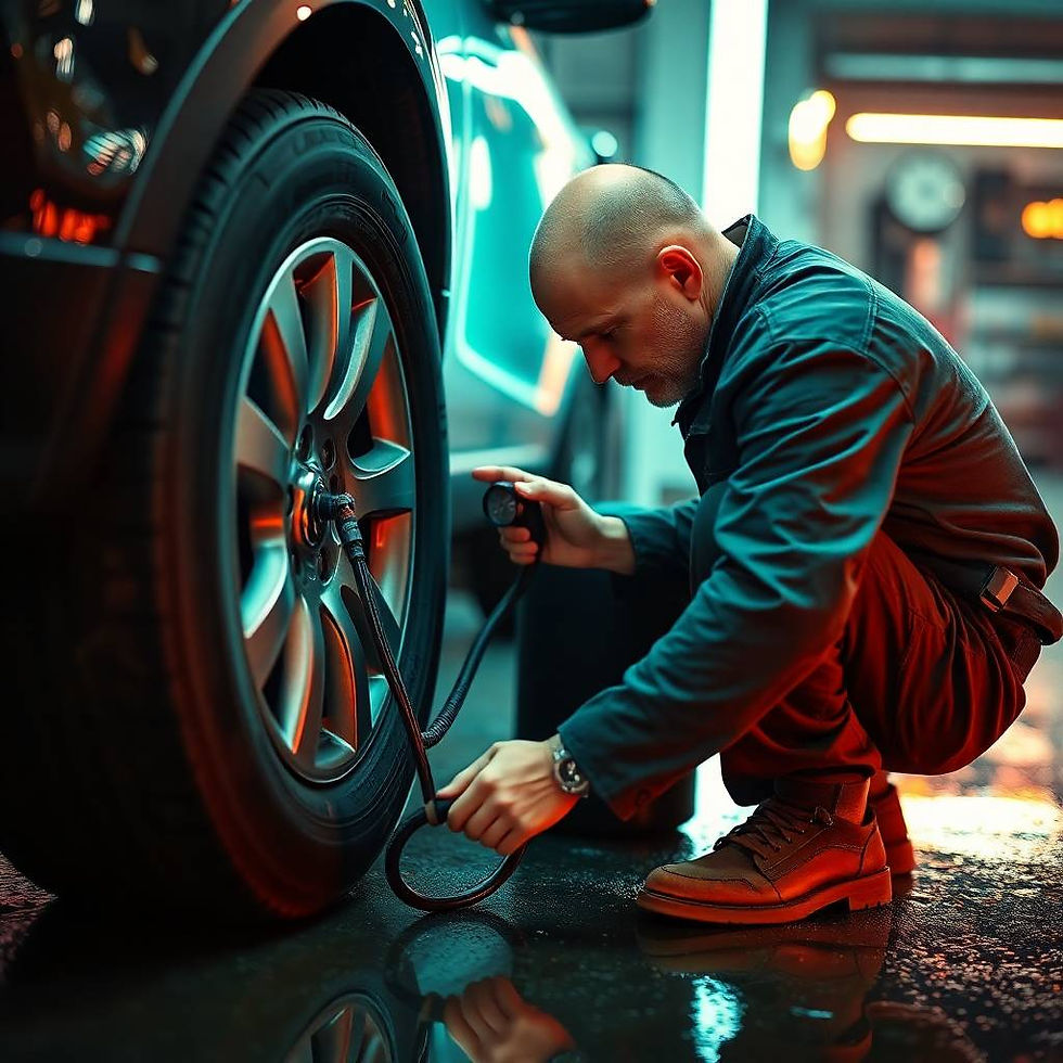 PT Tyres technician carefully checking tyre pressure in a modern garage, reflecting trusted local service known for honest advice, fast fitting, and upfront pricing.