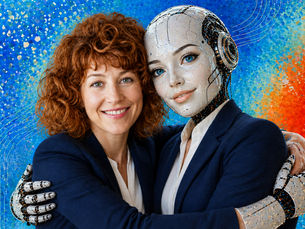 Woman and AI companion dressed alike, reflecting the article’s theme of machine clarity and human trust in sync.