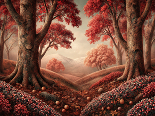 An enchanting autumn woodland scene with richly textured trees in vibrant red and coral hues, their swirling bark echoing hand-stitched patterns. Rolling hills are blanketed in berry-like flowers and fallen leaves, creating a whimsical, storybook atmosphere. A perfect cosy symbol of autumn crafting inspiration, where nature feels lovingly handmade.