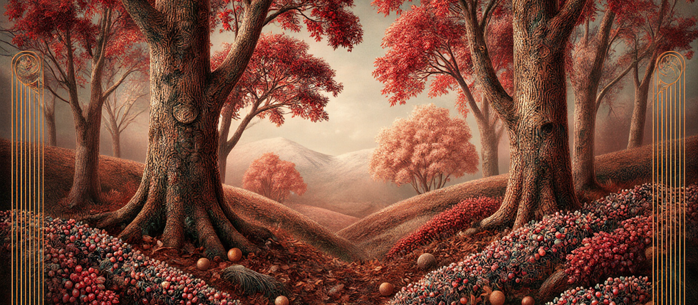 An enchanting autumn woodland scene with richly textured trees in vibrant red and coral hues, their swirling bark echoing hand-stitched patterns. Rolling hills are blanketed in berry-like flowers and fallen leaves, creating a whimsical, storybook atmosphere. A perfect cosy symbol of autumn crafting inspiration, where nature feels lovingly handmade.