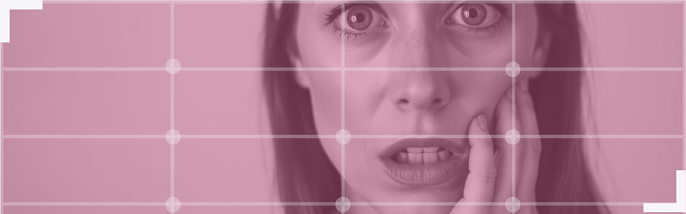 A close-up of a dark-haired woman with wide eyes and a hand raised to her cheek in a shocked or alarmed expression, photographed against a plain background with a pink tint and soft grid overlay — representing the moment a seller receives an Amazon suspension email