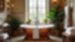Elegant copper freestanding tub with a black faucet set beneath a large window and surrounded by greenery, showcasing Daniel Hill Plumbing and Bathrooms’ refined bathroom design services in Scunthorpe.