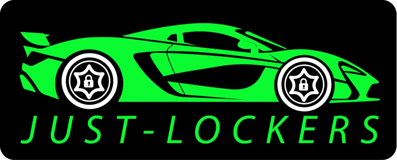 Neon green sports car logo with locking wheel nut detail, representing Just-Lockers’ specialist mobile service for emergency wheel nut removal.