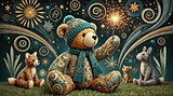 a_cosy_stylised_cloth_teddy_bear_wearing_a_bobble_hat_and_scarf_holding_up_a_sparkler_he_i