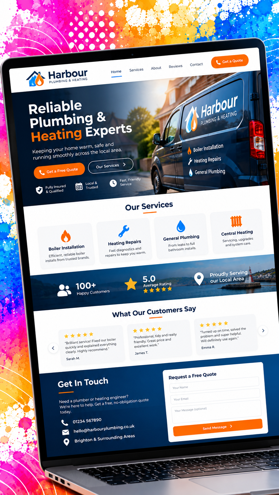 Professional plumbing website example with services and trust information, showing how a small business can present itself clearly online.