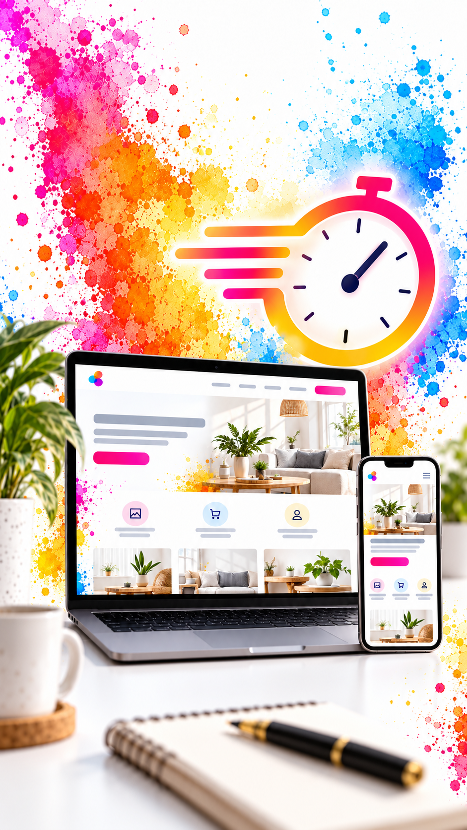 Laptop and smartphone displaying a fast, affordable small business website beside a timer icon, illustrating a Website in a Day service for businesses that need a professional online presence quickly.