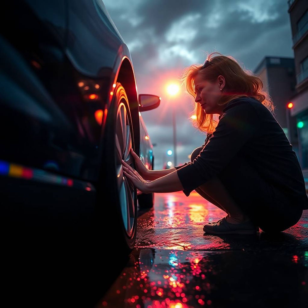 Woman visually inspecting her car tyre at night, looking for cracks, bulges, or debris.